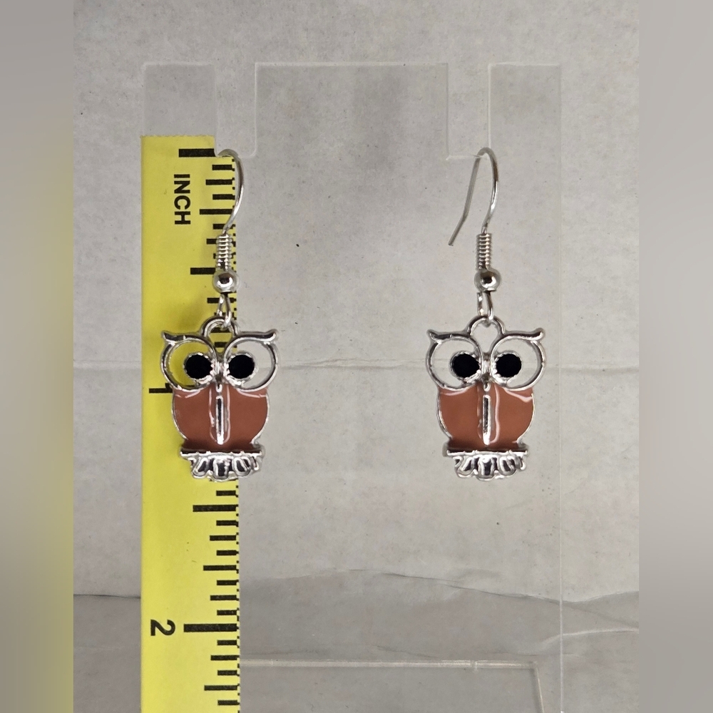 Hand Crafted Silver and Brown Owl Earrings